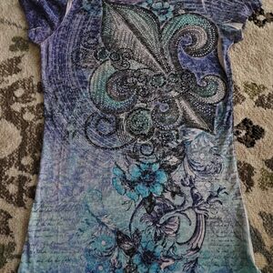 Embellished Blue and Green Short Sleeve Top